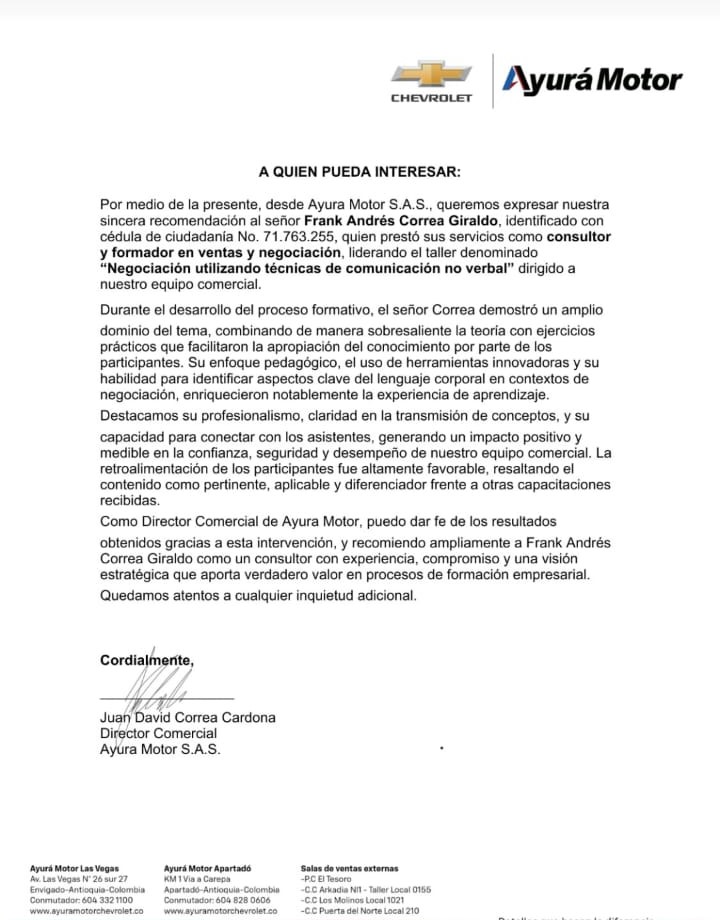 Carta de recomendación de Ayura Motor Chevrolet para Frank Correa