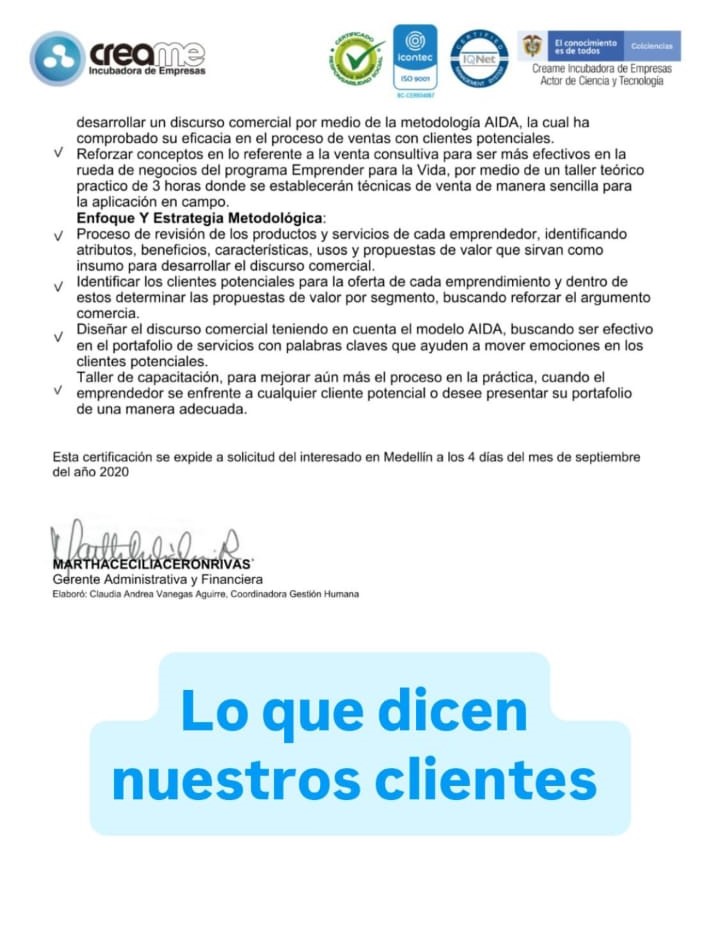 Certificación de Creame Incubadora de Empresas sobre metodología AIDA