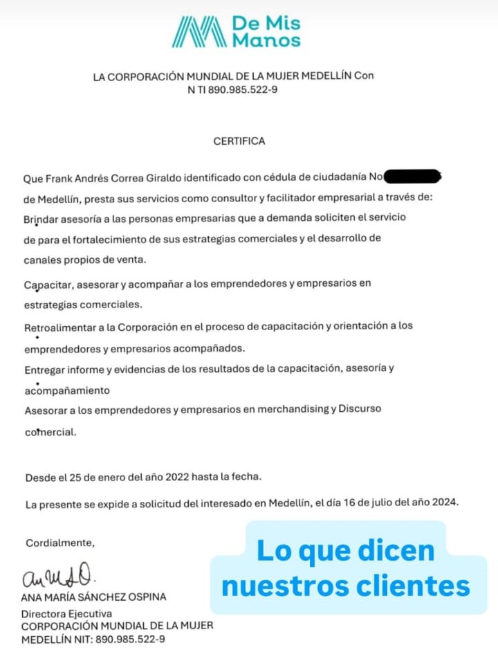 Certificado Corporación Mundial de la Mujer De Mis Manos