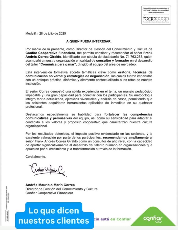 Carta de Confiar Cooperativa Financiera y Fogacoop