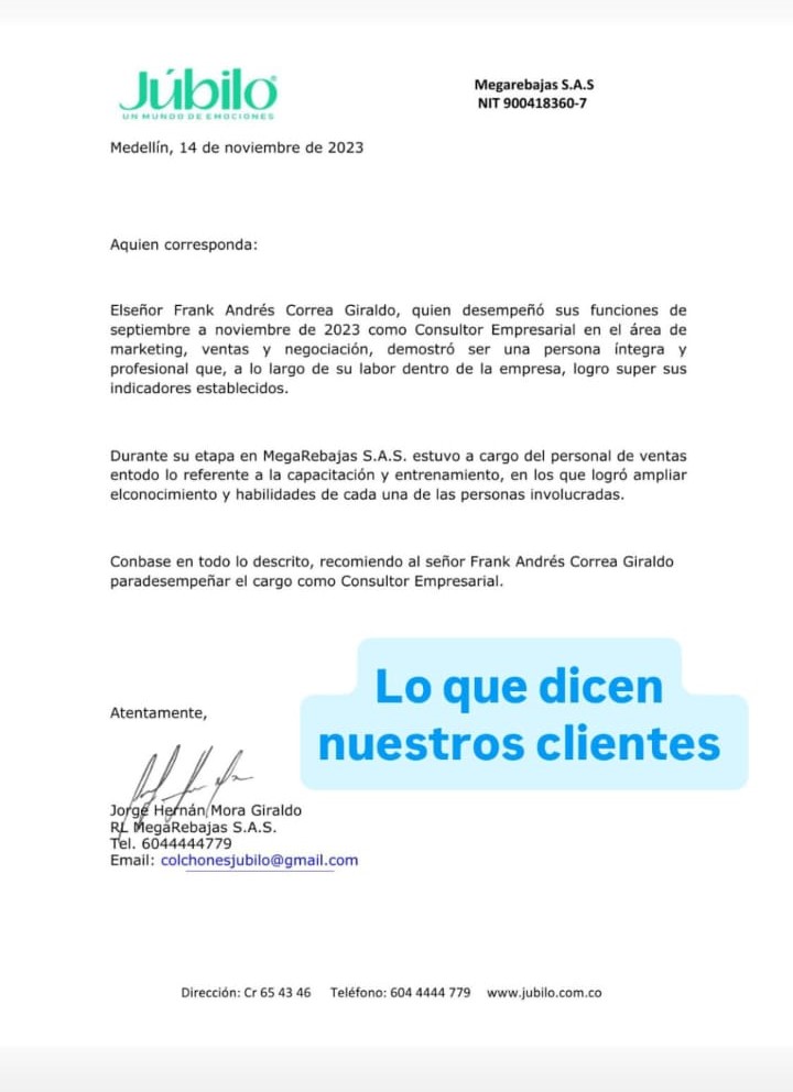 Carta de recomendación de Júbilo Megarebajas para Frank Correa