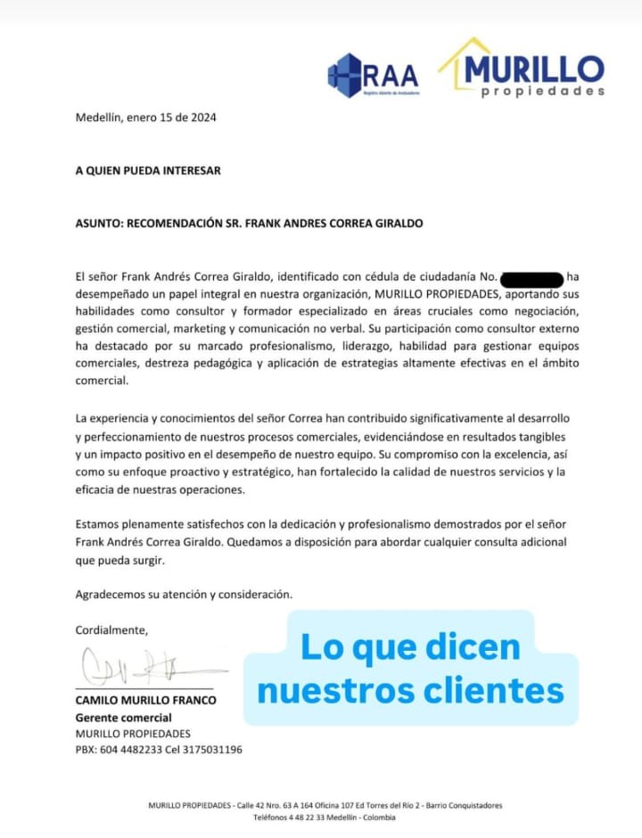 Recomendación de Murillo Propiedades para el equipo comercial