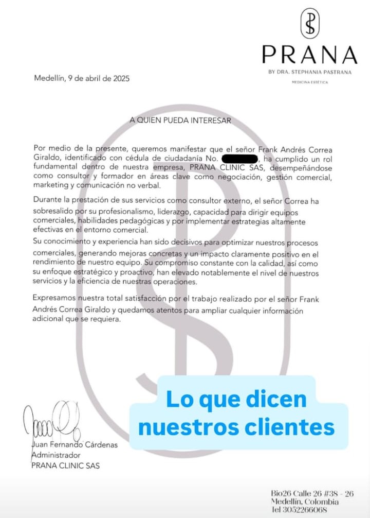 Carta de recomendación de Prana Clinic para Frank Correa